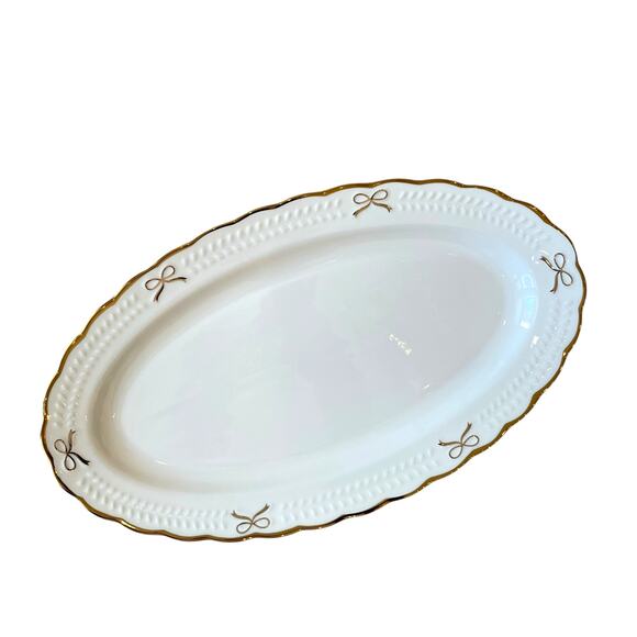 BELLA LUX Gold Bow Coquette Oval Serving Platter 14x8 White Ceramic NEW - Picture 2 of 10